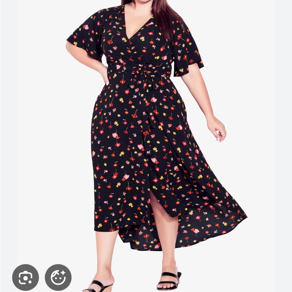 Evan's Floral Black Wrap Maci Dress with Flutter Sleeve
